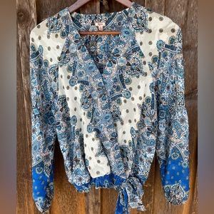 REBA Faux Wrap Boho Paisley Top in Blue and White